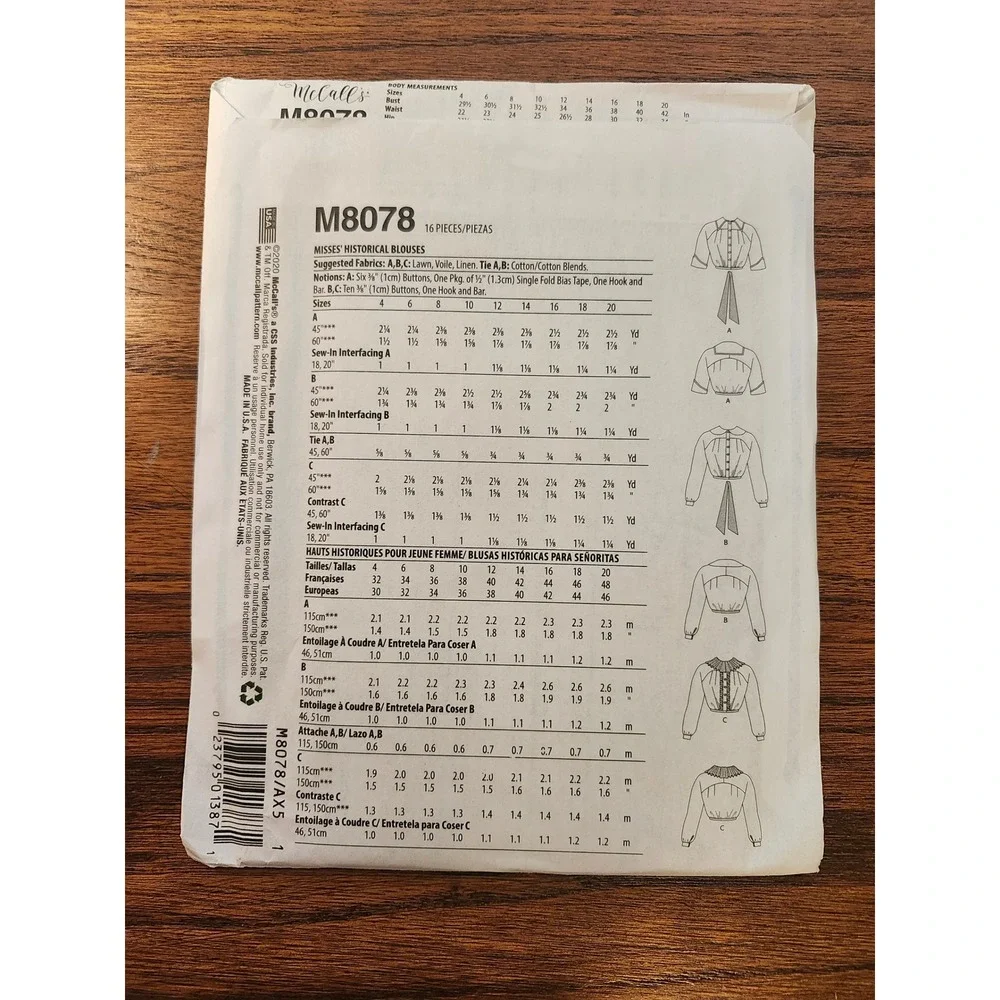 McCall's M8078 Angela Clayton Historical Blouse Sewing Pattern Size 4-12 AX5